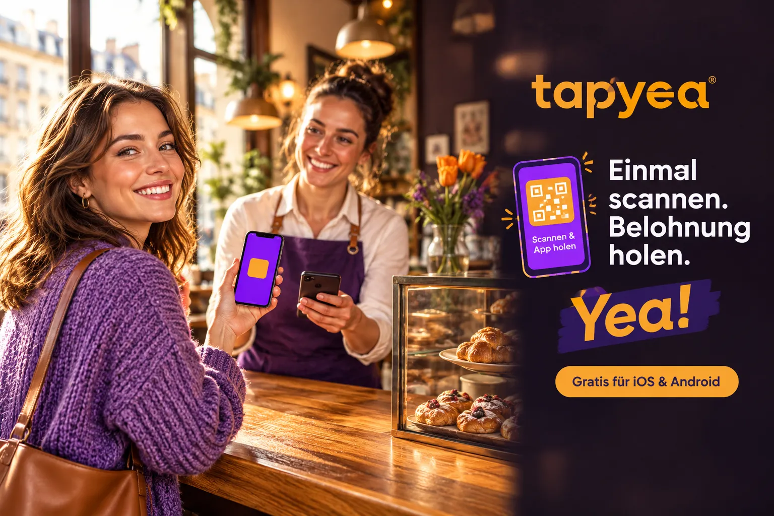 Kundin zeigt an der Kassa eines Cafés ihren tapyea QR Code, daneben: Einmal scannen. Belohnung holen. Yea!